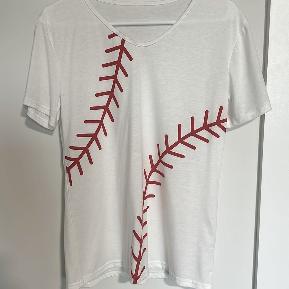 White baseball t-shirt.